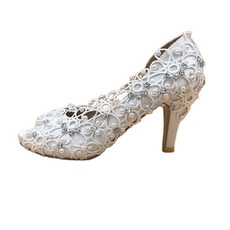 Poročni čevlji iz satenaste čipke s poročnimi čevlji z nosorogovim stiletto ročno izdelani poročni čevlji