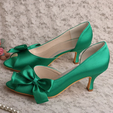 Poročni čevlji iz satenastega metulja stranski votli čevlji z visokimi petami zeleni čevlji za družice