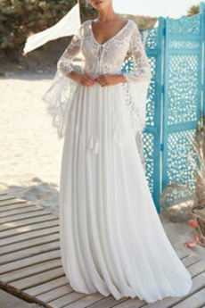 Plaža V-vratu Dolgimi rokavi Elegantno Dolga Čipke Poroka Obleko