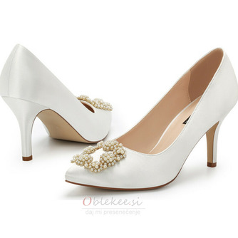 Poročni čevlji z biserno koničastimi visokimi petami, beli satenski poročni čevlji - Stran 1