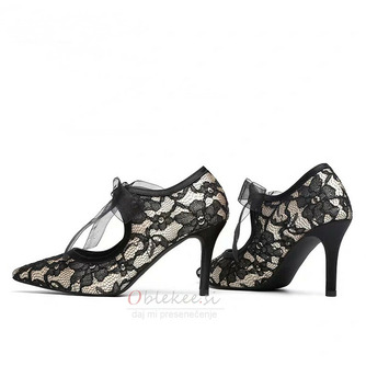 Črne čipke poročni čevlji lok vozel visoke pete koničasti toe strappy čevlji - Stran 2