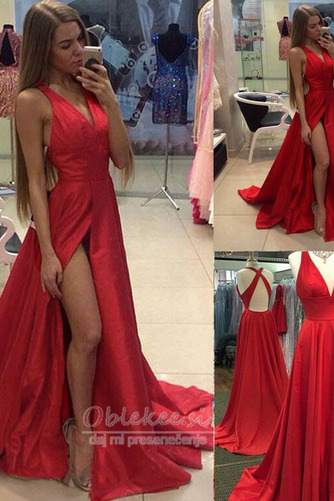 Dolga Brez rokavov Preprosta V-vratu Ball Draped Prom Obleko - Stran 2